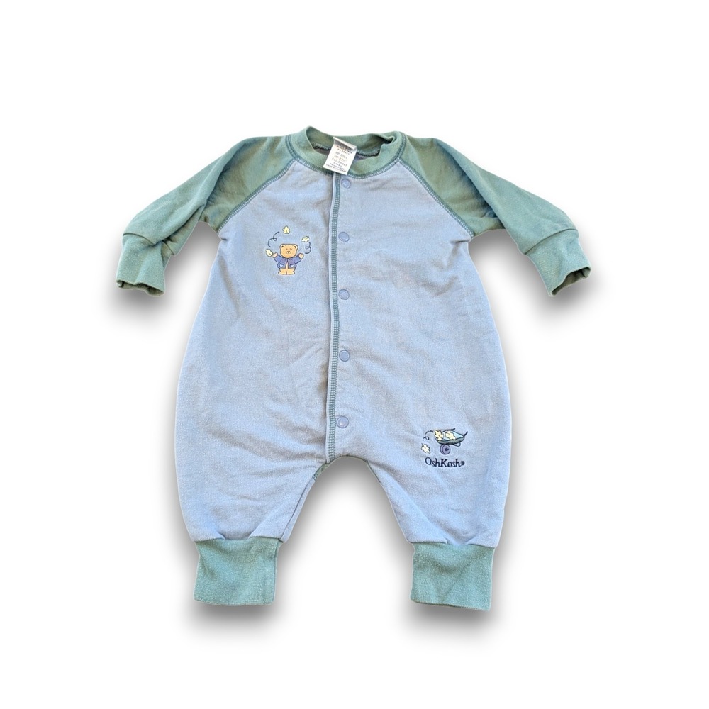 Vintage Oshkosh Bgosh Blue Green One Piece Outfit Embroidered Bear Baby 0-3 Mos
